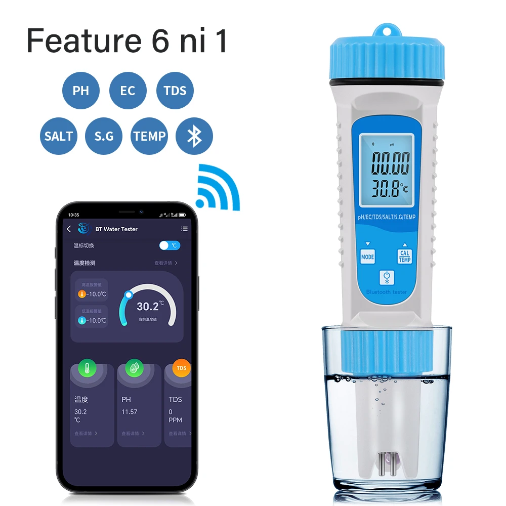 Bluetooth App PH Meter 6 in 1 Water Quality Tester Pen PH EC TDS Salinity SG Temp for Drinking Water Aquariums Hydroponics Pool