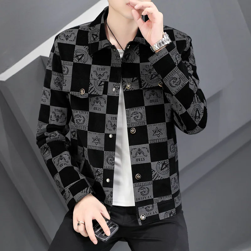 Spring Autumn Men's Lapel New Corduroy Jacket check pattern Fit Coat Streetwear Men Fashion Color Block Jacket