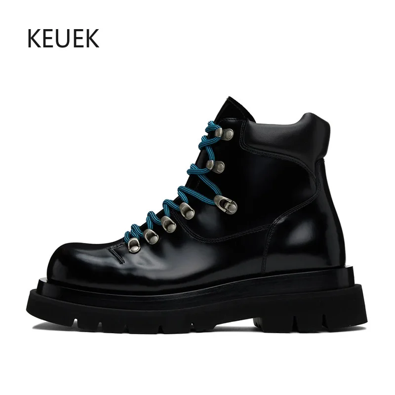 Luxury Fashion Men Ankle Boots Genuine Leather Thick Sole High Top Derby Shoes Outdoor Work Shoes Street Motorcycle Boots