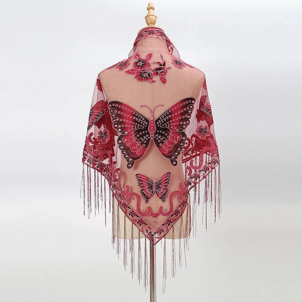 Gifts Floral Triangle Shawl Butterfly Embroidery Breathable Shawl Scarf Windproof Sunscreen Cover Tassel Wrap Bridal Wear