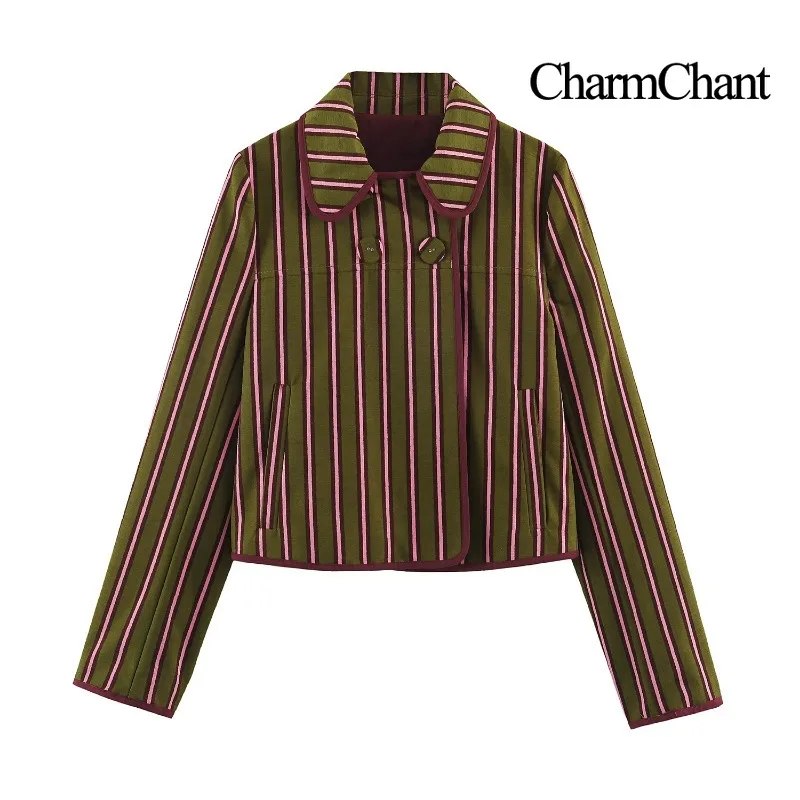 CHARMCHANT Women's Striped Short Jacket Round Contrast Collar Fabric Covered Buttons Boxy Cropped Fit Vintage 2026