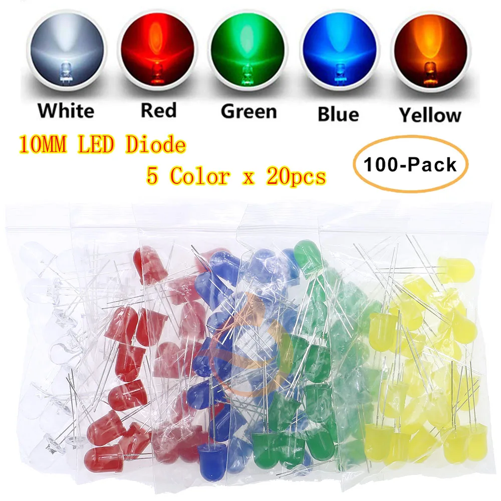 Kit de diodos LED de 3mm, 5mm, 10mm, blanco, verde, rojo, azul, amarillo, sombrero de paja, emisor de luz LED