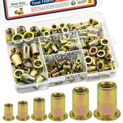 Metric Rivet Nut Assortment Kit (55Pcs/150Pcs)  M3 M4 M5 M6 M8 M10 Flat Head Rivnut Zinc Plated Carbon Steel Threaded Insert Nut