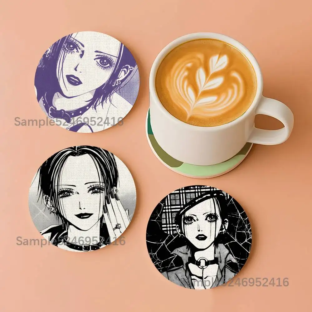 

N-NANA Osaki Anime Round Wooden Coasters Heat Resistant Non-slip Drink Cafe Decoration 2D Flat Color Print Set