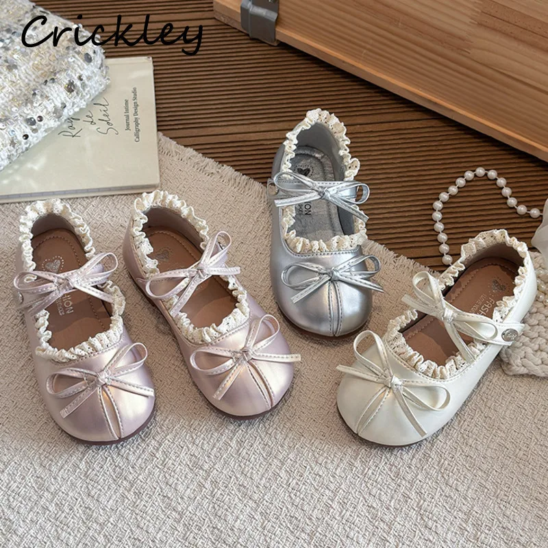 

Ruffles Lace Children Flats Shoes Bow Solid PU Leather Girls Princess Shoes Fashion Anti Slip Hook Loop Kids Ballet Flats