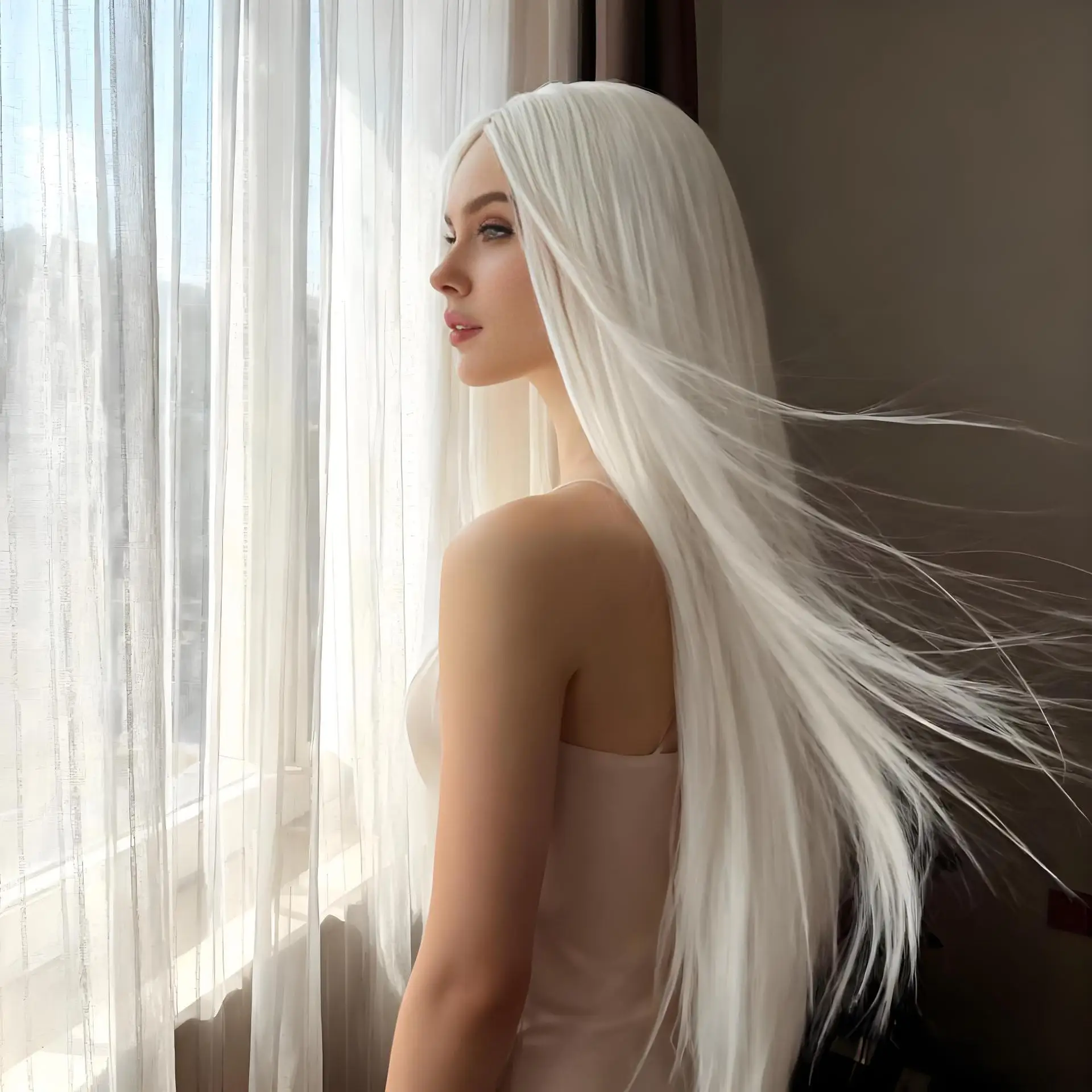 White center-parted long straight synthetic wig, Halloween party cosplay role-playing wig, daily high-temperature hairpiece