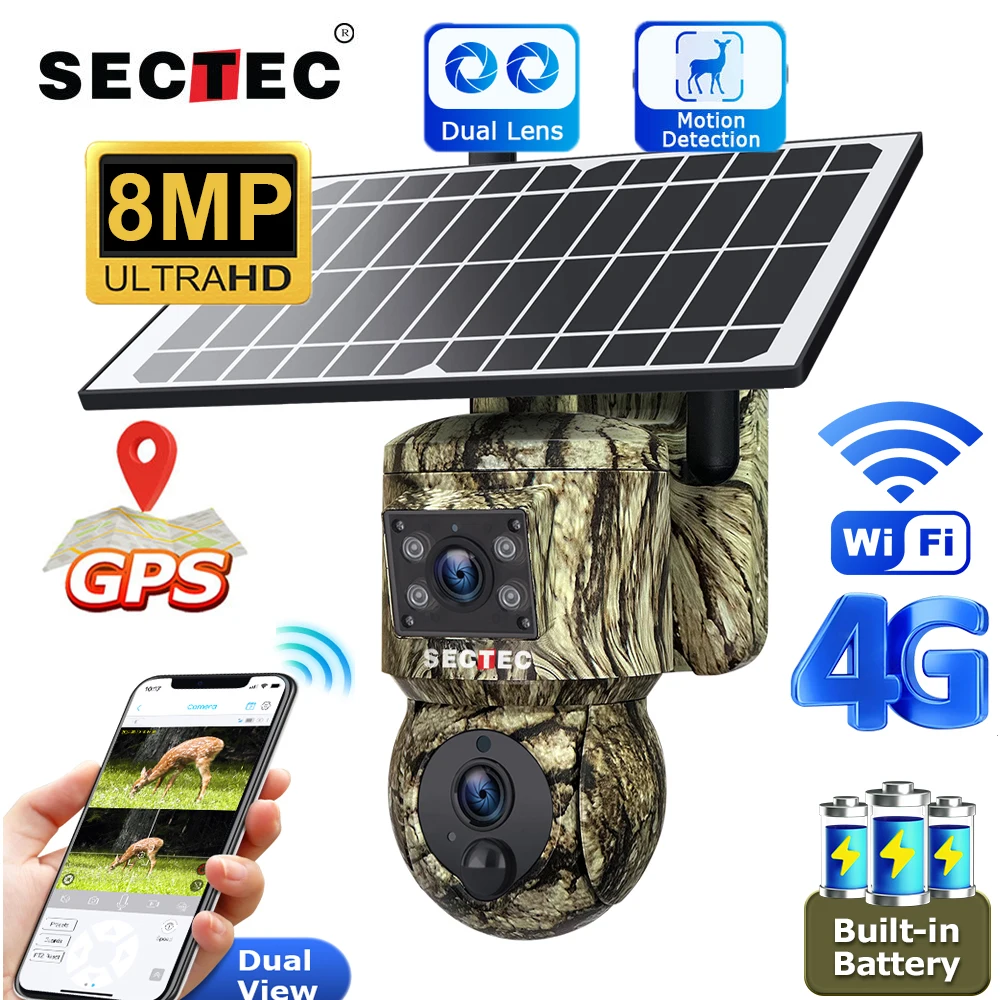 

Sectec 4K 8MP Solar Camera 4G SIM/WIFI With GPS Location Camouflage Color Dual Lens Solar Battery PTZ Security Camera UBox APP