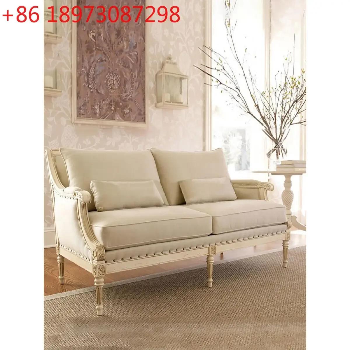 

Американский диван из массива дерева для небольшой квартиры, французский ретро-стиль, белый, с двойной обивкой из ткани, легкий люкс, комбинированный, с возможностью индивидуальной настройки.