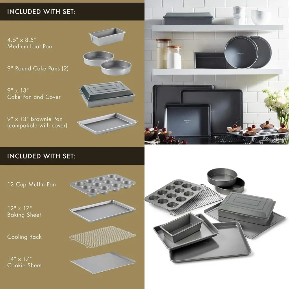 

Набор форм для выпечки с антипригарным покрытием из 10 предметов: листы для выпечки, листы для печенья, формы для тортов, форма для кексов и многое другое — можно мыть в посудомоечной машине, серебро