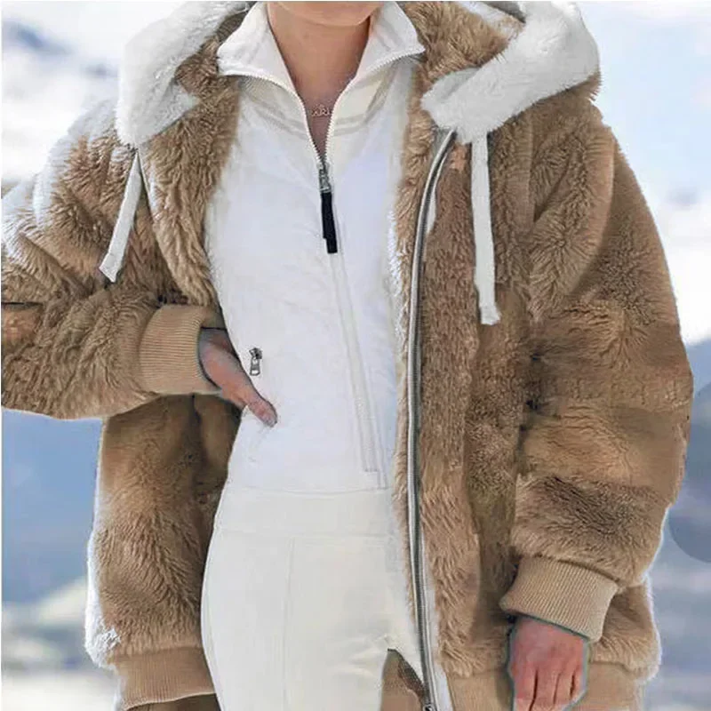 Winter Women Jackets Plush Casual Oversize Fleece Plaid Y2K Hooded Zipper Fashion Cashmere Warm Solid Color Ladies Coats