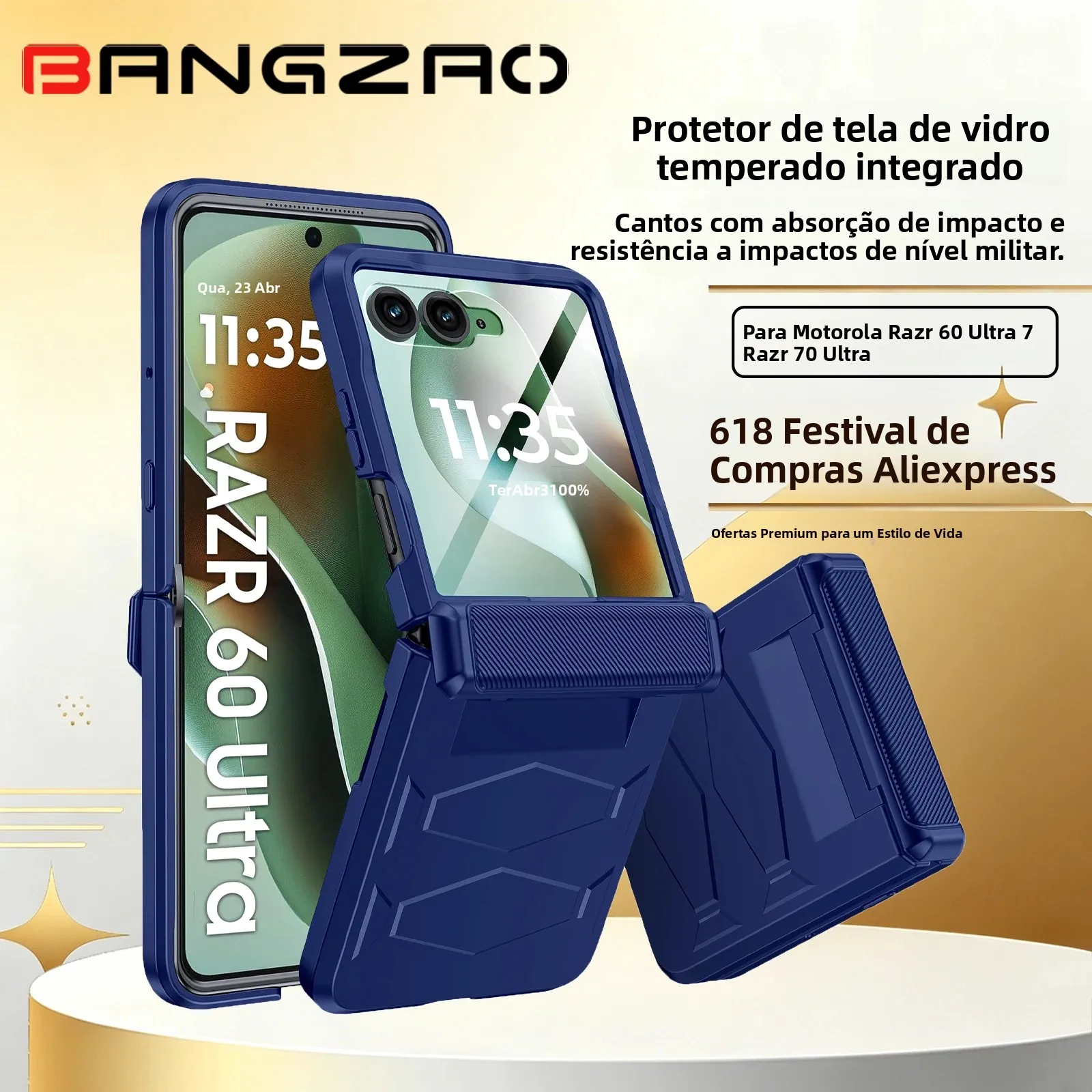 Promoção 618! Para Motorola Razr 60 Ultra/70 Ultra, Vidro Temperado HD Embutido, Proteção Militar Contra Quedas, Capa de Proteção para Dobradiça - Azul
