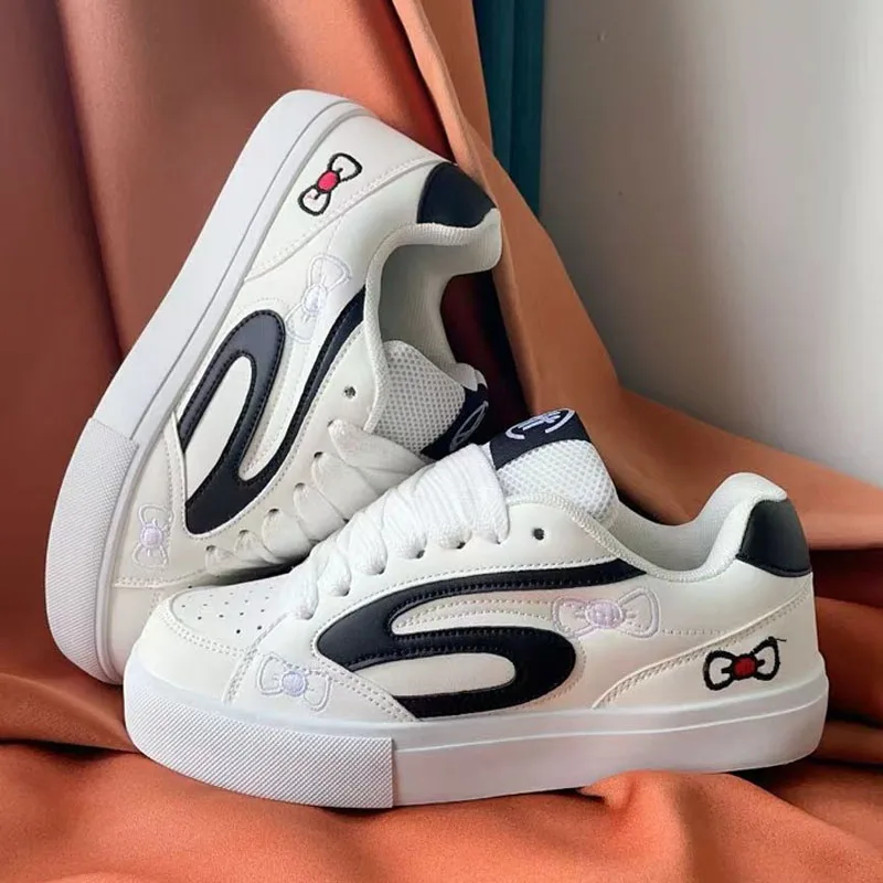 

Seasons Casual Shoes Women's Sneakers Fashion Platform Non-slip Skateboard Shoes Synthetic Leather Embroidered Bow White Shoes