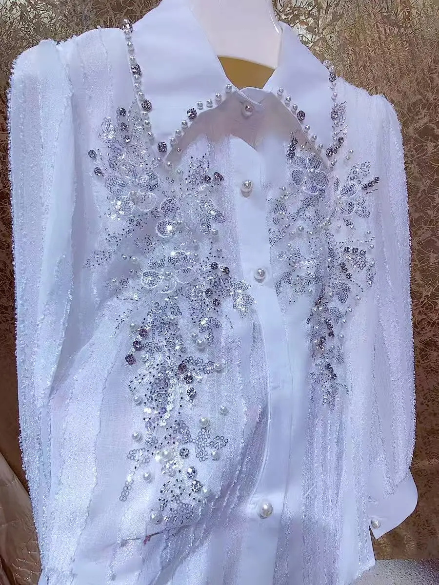 

Heavy Industry Beads Diamond-Embedded Flower Shirt for Women's Chiffon Blouse Elegant Blouses Shirts White Top Woman Clothing