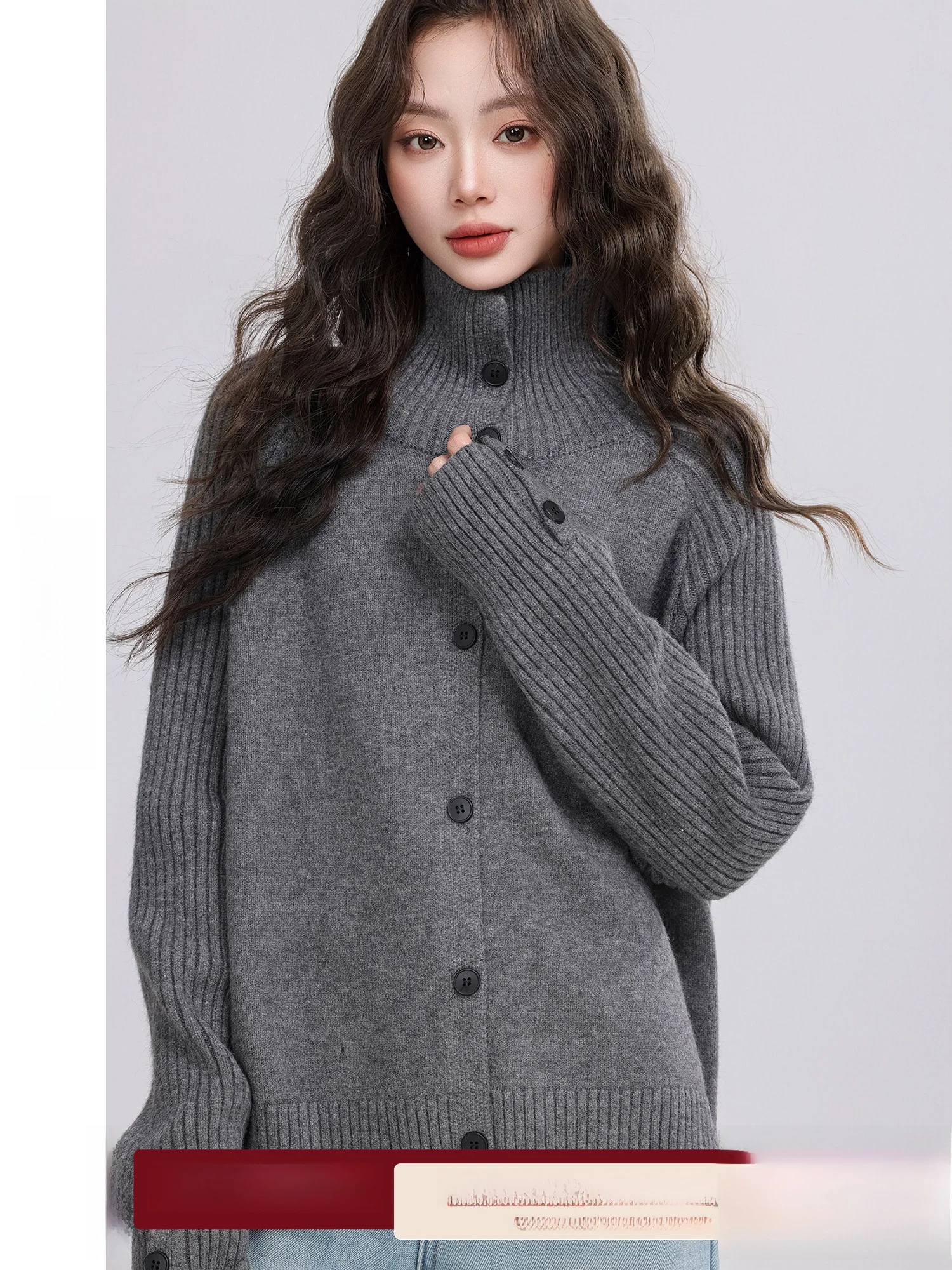 

Loose Fit High Collar Pure Color Sweater Cardigan Women's Lazy Sle Retro Winter New Arrival from Youxiang Polyester Blend