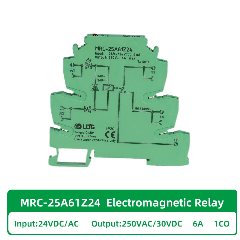 MRC-25A61Z24 Electromagnetic Contact Relay Module 24VAC DC Input 6A 250VAC 30VDC 1CO 1NO1NC Output PLC Din Rail Screw connection