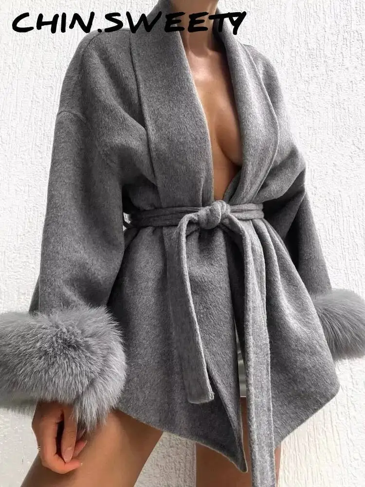 

Элегантное женское пальто на шнуровке с v-образным вырезом, свободное однотонное длинное пальто с меховыми рукавами и открытыми рукавами, женская осенняя модная женская куртка 2025 г.