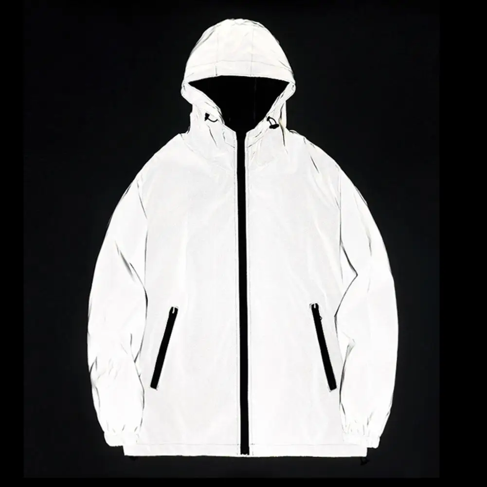 New Night Reflective Jackets Double Fabric Windbreaker Hooded Jacket Men Hip Hop Dancer Singer Waterproof Zipper Coats Outwear