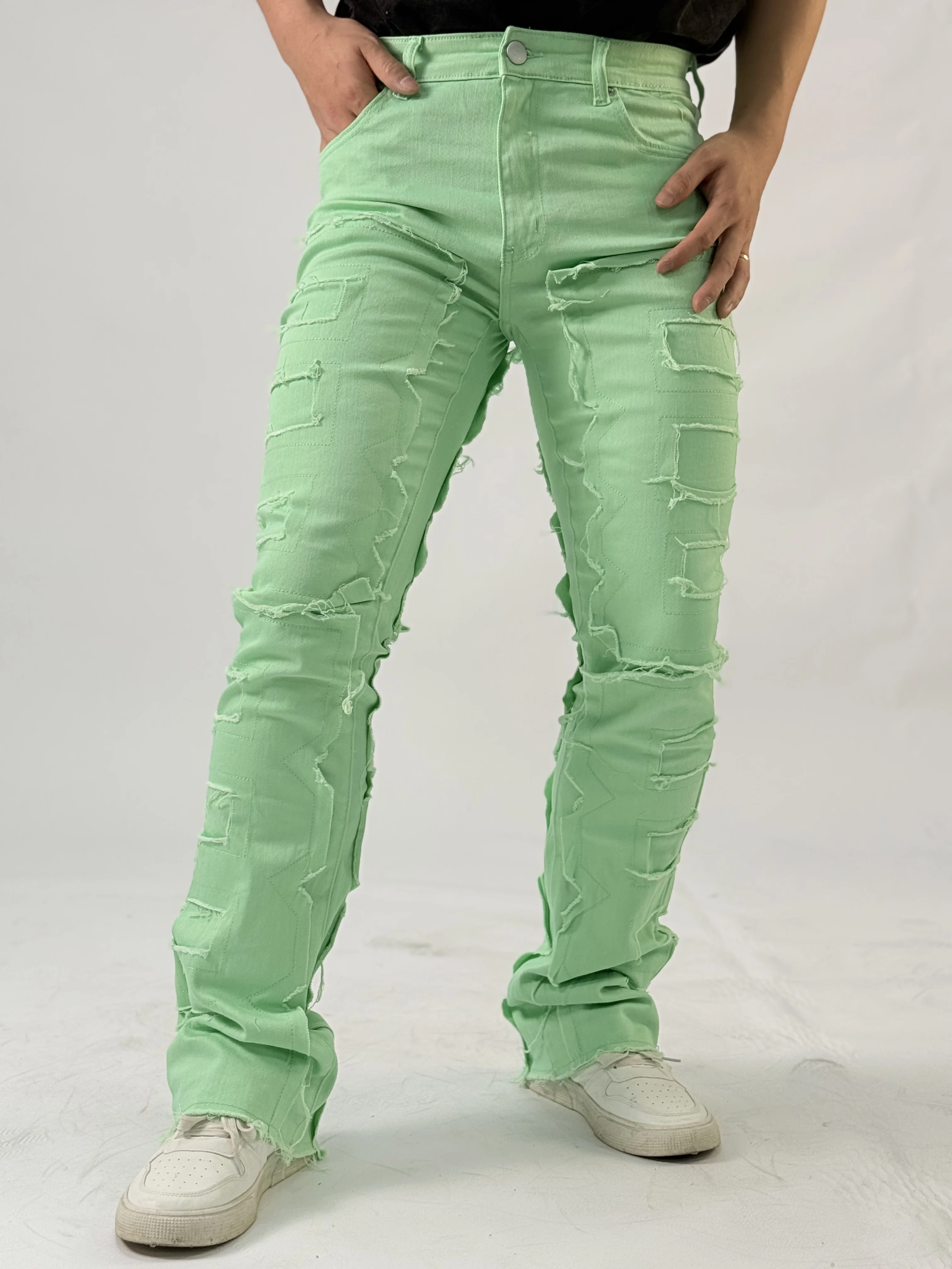 منتج جديد لعام 2025 سراويل رجالية ضيقة متوهجة ملونة مرقعة نمط ريترو مستقبلية جو خيارات ألوان متعددة