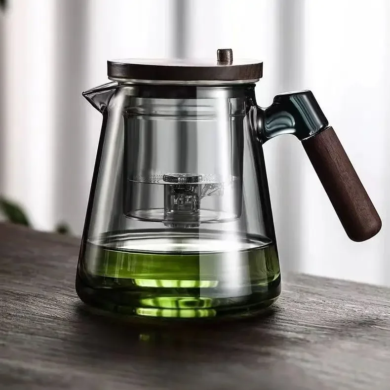 One Click Magnetic Switch Tea Separation Filtration Glass Tea Pot Wood Handle Tea Water Separation Inner Container Teapot