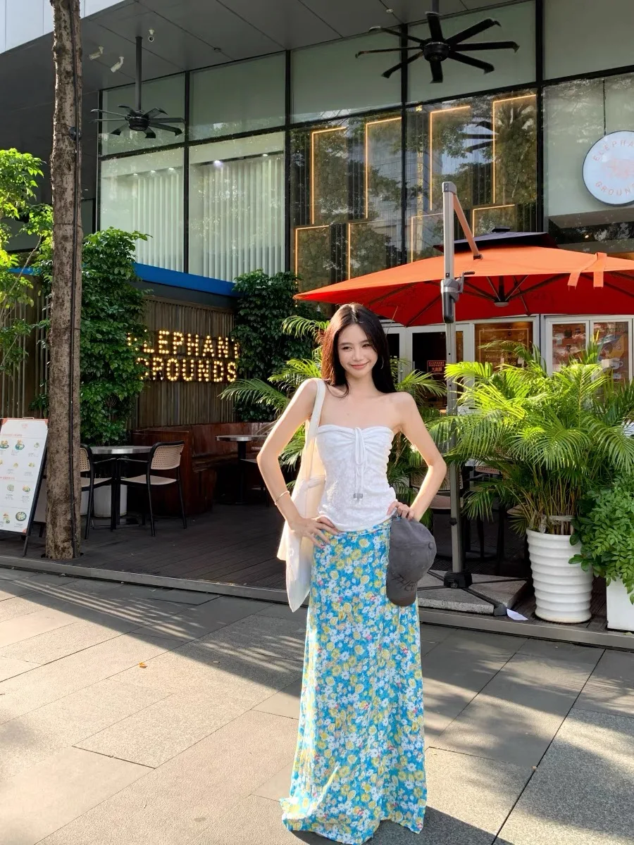 

Beach Vaion Sle Women's Two-Piece Set Dstring Tube Top Vest Blue Floral Print f Skirt Faionable Summer Outfit