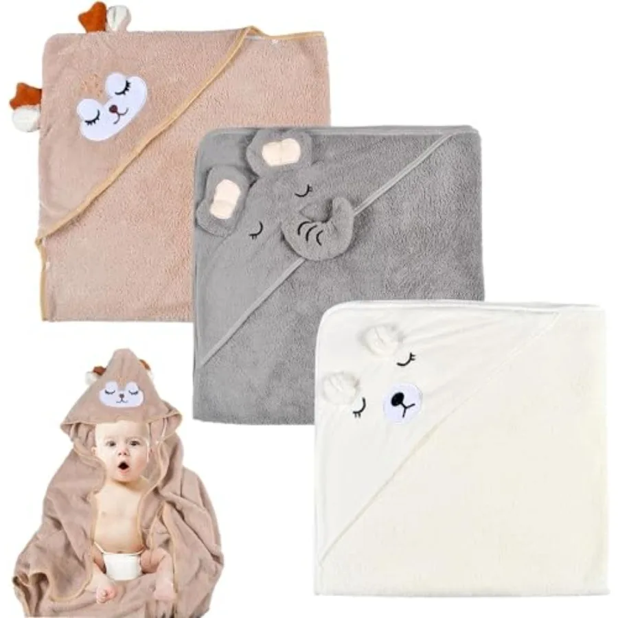 3 Pièces Serviette de Bain à Capuche Bébé, Serviette Bébé Naissance, Cape de Bain Bébé, Douces et à Forte Absorption, 80 x 80cm Pe