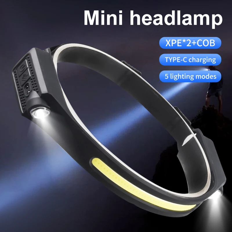 Type-C Fast Charging Lightweight Foldable LED Headlamp - 5-Level Dimming XPE*2+COB Bright Light + Gesture Sensor Front Light