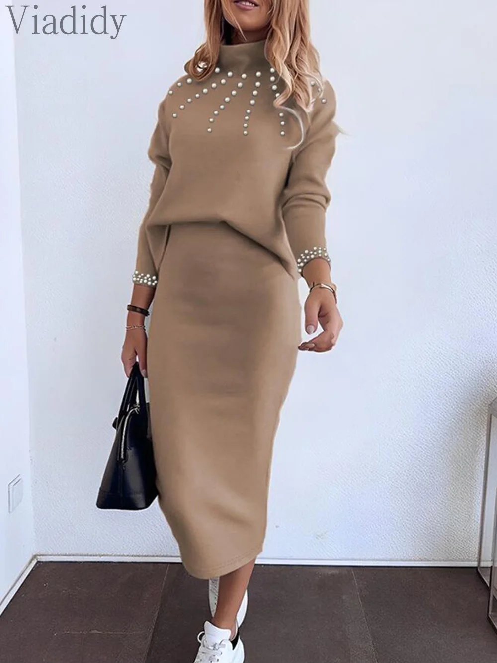 Women Casual Solid Color Long Sleeve Beaded Sweatshirt and High Waist Knitted Skirt 2pcs Set