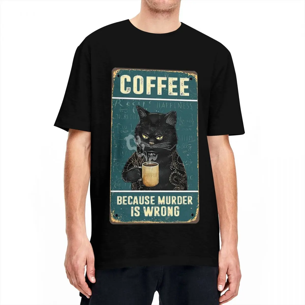 Coffee Because Murder Is Wrong T Shirt Summer Black Cat  T-Shirts Cotton Trending Tee Shirt For Men Short Sleeve Print Top Tees