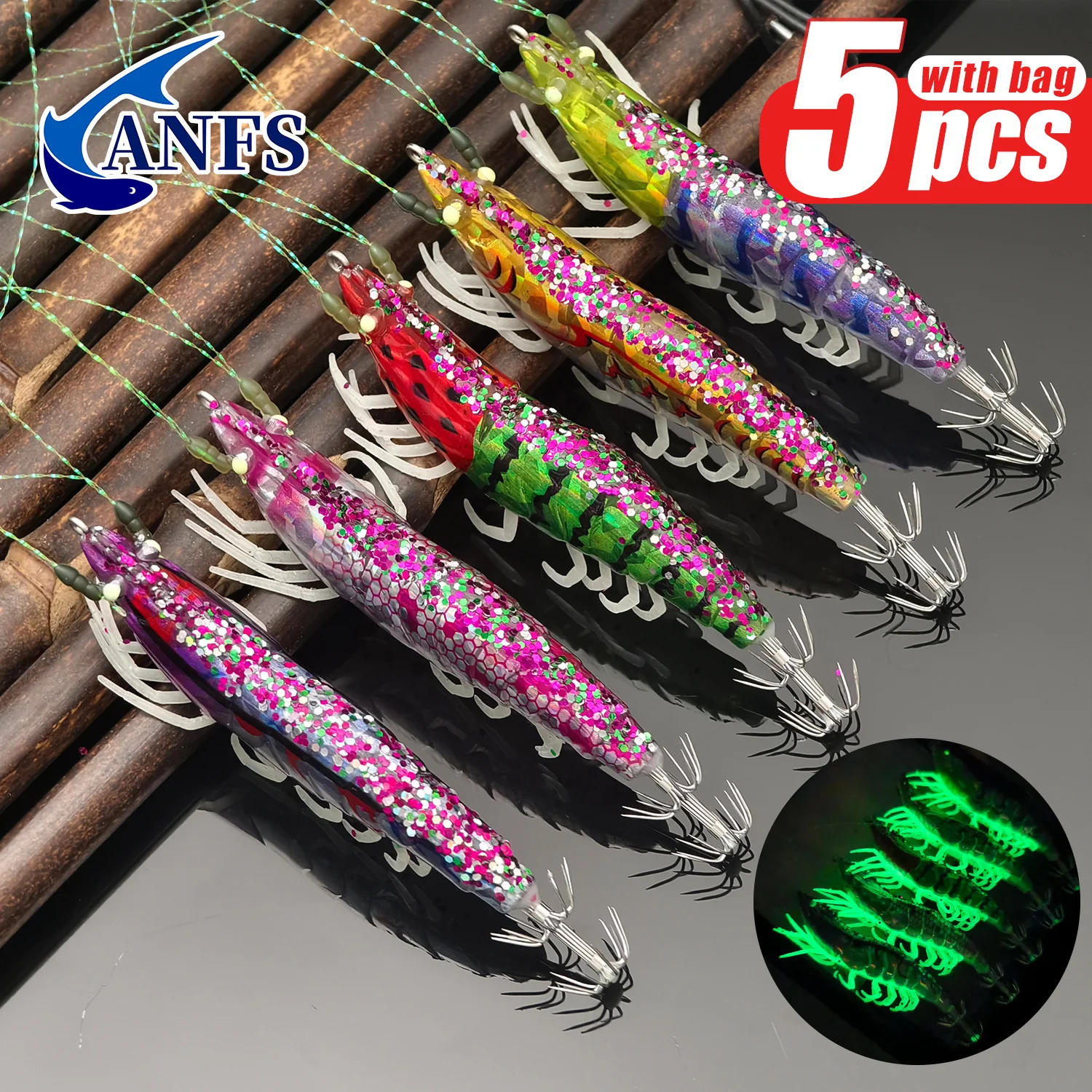 ANFS 5er-Set Hybrid-Garnelenköder mit Aufbewahrungstasche, Tintenfischköder zum Angeln auf Tintenfisch und Oktopus – Detail 2