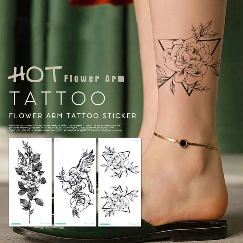 Women Leaf 3D Leg Black Sketches Girls Rose Sexy Tattoo Sticker Body Art Temporary Tattoo Flower