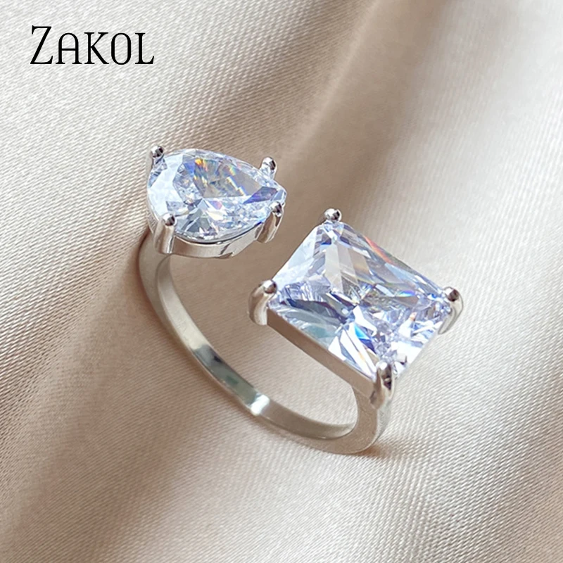 Women's Pink Square Water Drop Open Ring with Cubic Zirconia
