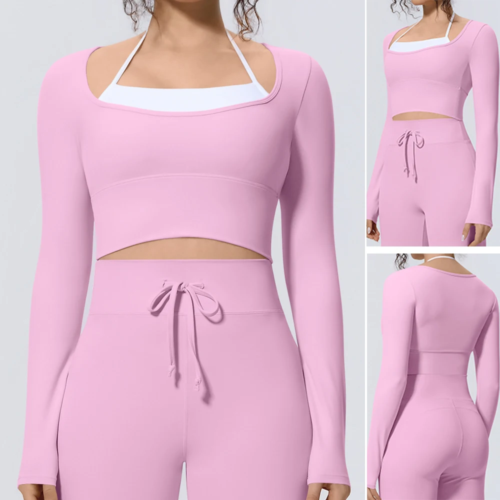 Stylish Women's Square Neck Long Sleeve Crop Top Slim Fitted Stretchy Breathable Workout Gym Running Fitness Yoga Top Sportswear