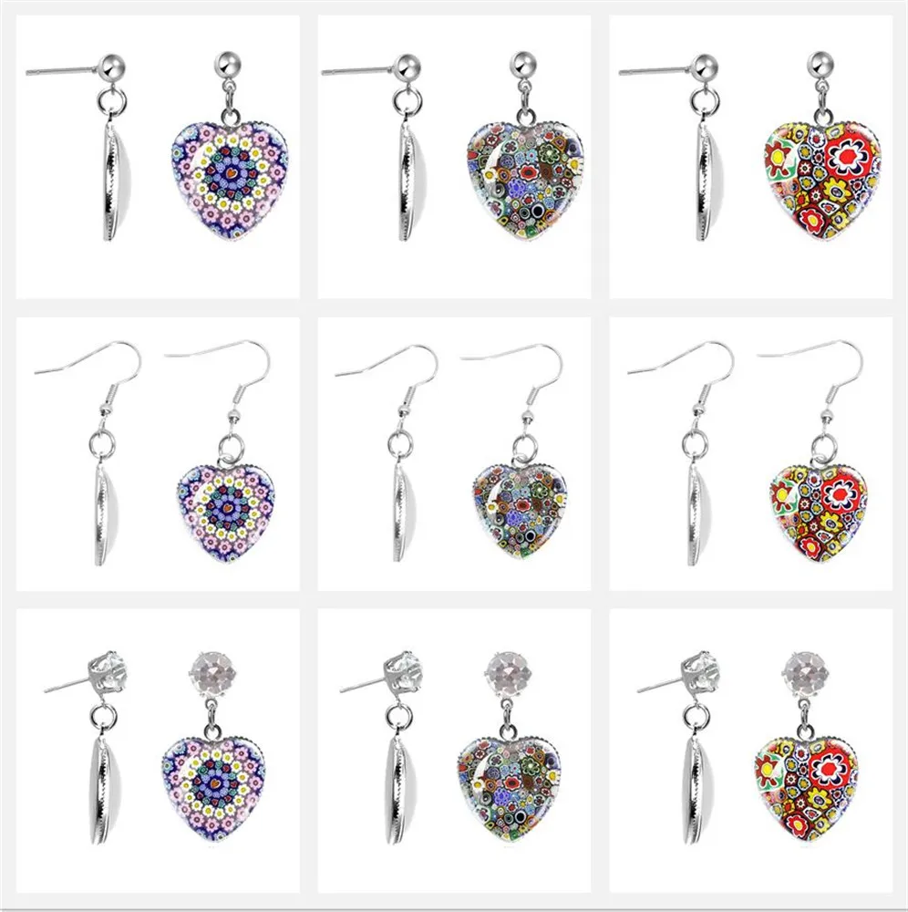 Murano Millefiori Earrings Multi Colour Flower Glass Cabochon Heart Earrings Jewelry For Women Girls Gift Wholesale