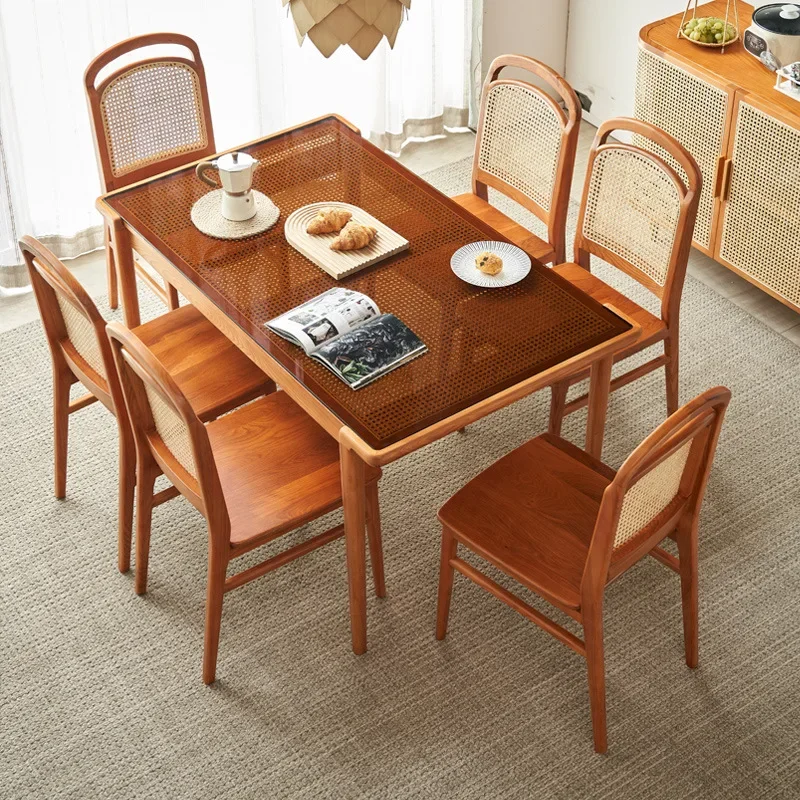 #Nordic Modern Rattan-Woven & Solid Wood Rectangular Multi-Seater Table and Chair Set – Dining Room & Guesthouse