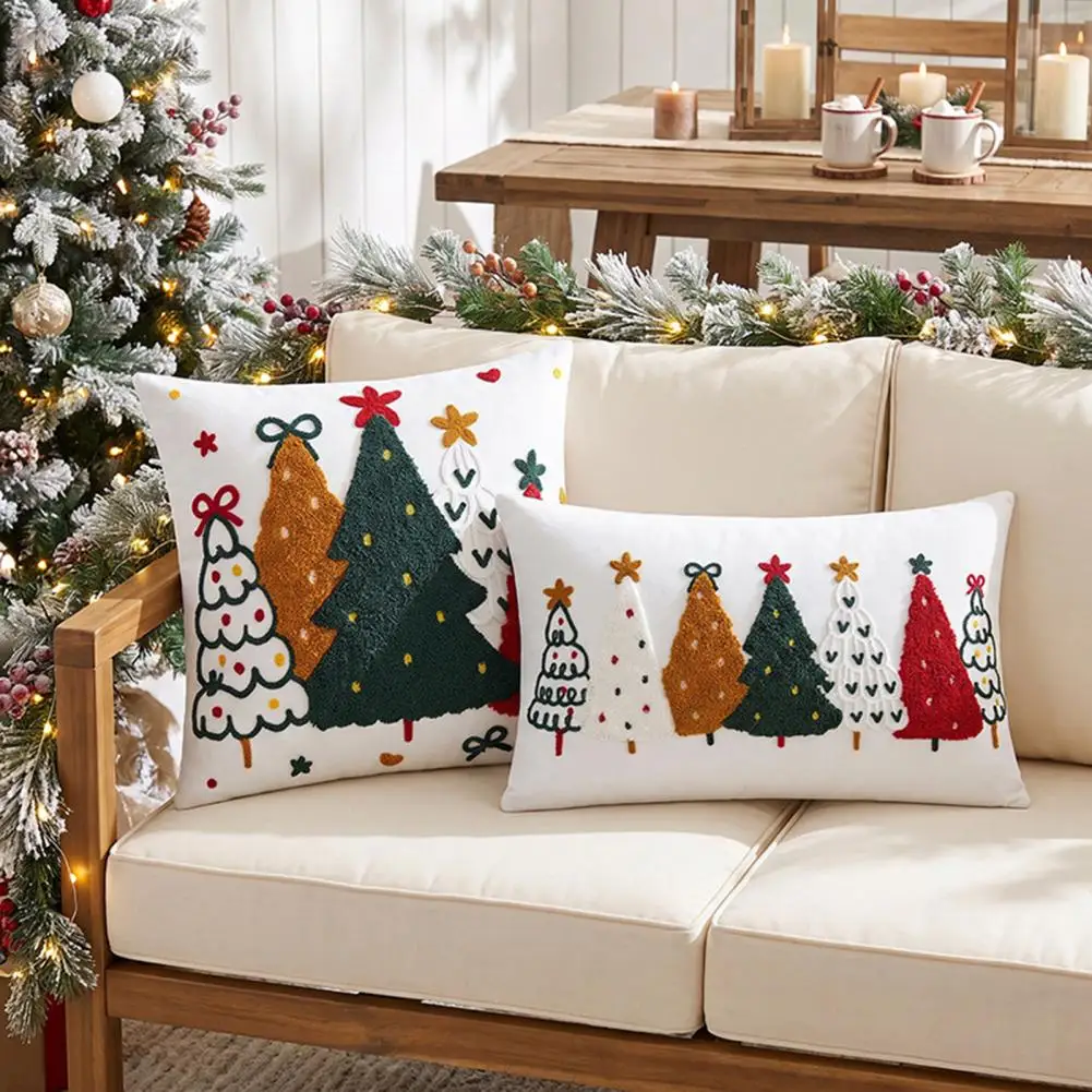 Christmas Cushion Case Decorative Throw Pillow Covers Colorful Trees Christmas Pillowcase Festive Throw Pillow Cover for Sofa