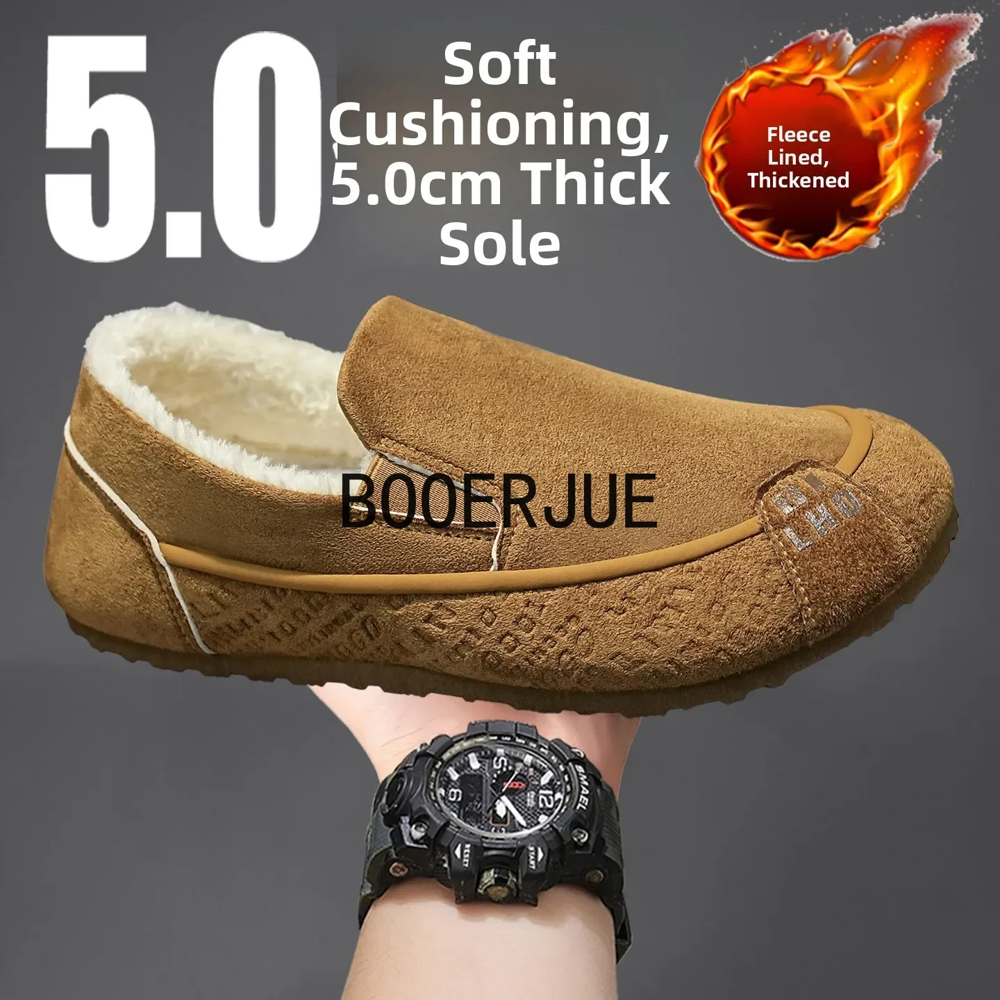 Men's Winter Slip On Cotton Shoes Faux Suede Loafer Bean Shoes Large Size Thick Fleece Lined Anti-slip Casual Footwear