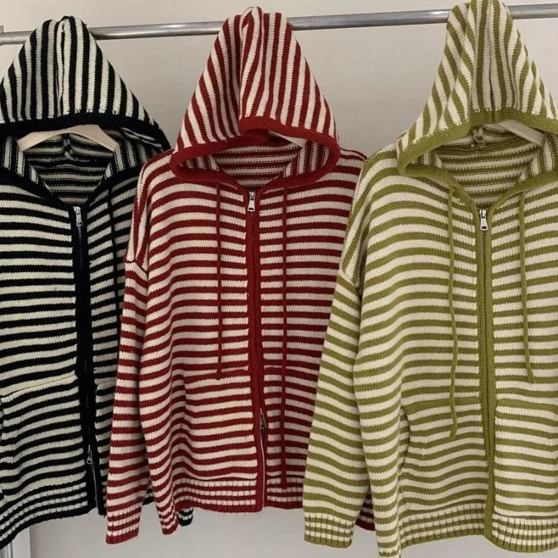 2023 Spring Autumn Striped Zipper Sweater Cardigan Women Loose Outwear Casual Latest Knitted Top Coat