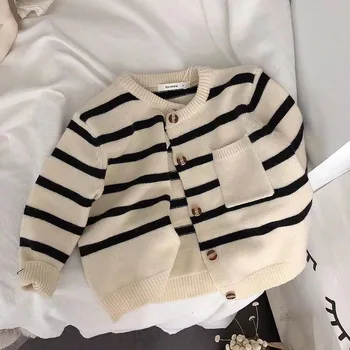Unisex Striped Kids' Knit Cardigan 2 Fashion striped Kids sweater Boys Single breasted knit Coat Girls soft loose O-Neck knitted Cardigan 2