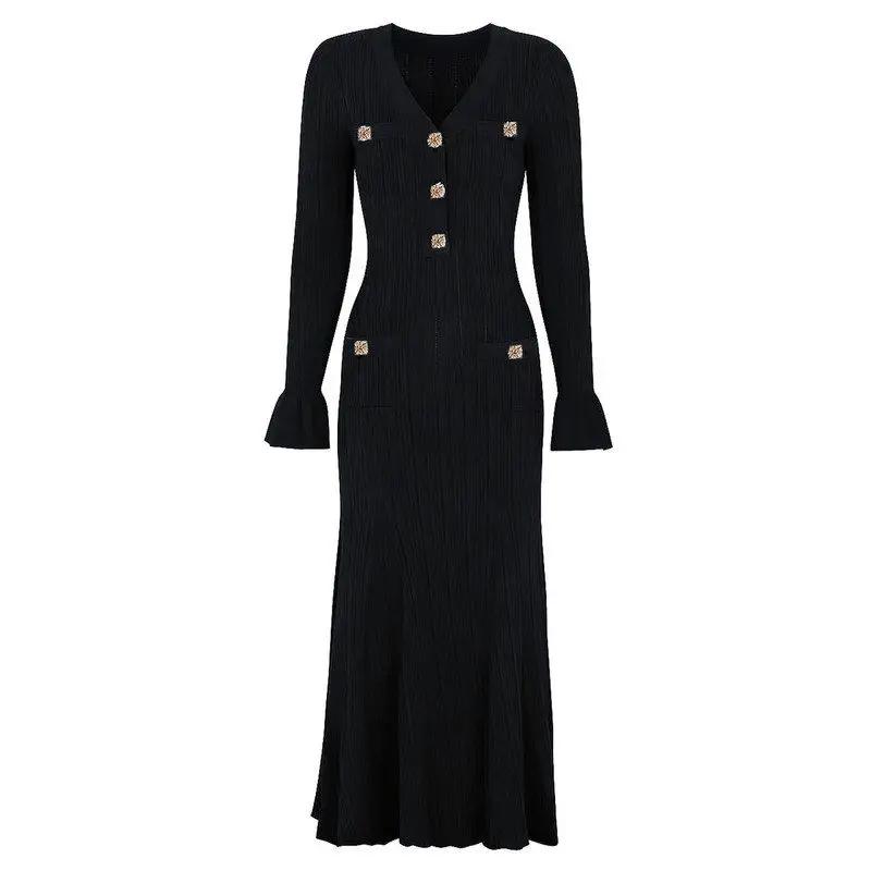 

Elegant High Quality Fashionable Knitted Slimming Midi Dress Large Skirt Style V-Neck Long Sleeve mid Waist H-Shape Dress