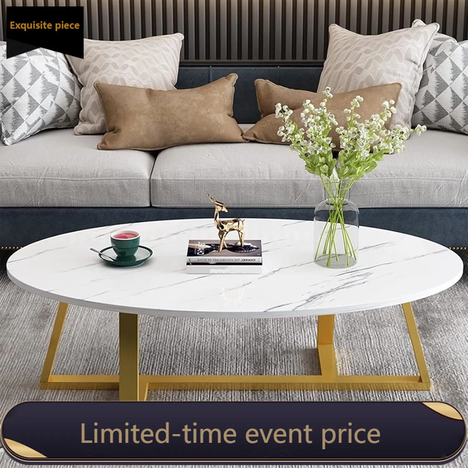

Белый журнальный столик из искусственного мрамора, овальный, современный, для небольших помещений, деревянный, для гостиной, прочный, с золотистой металлической отделкой