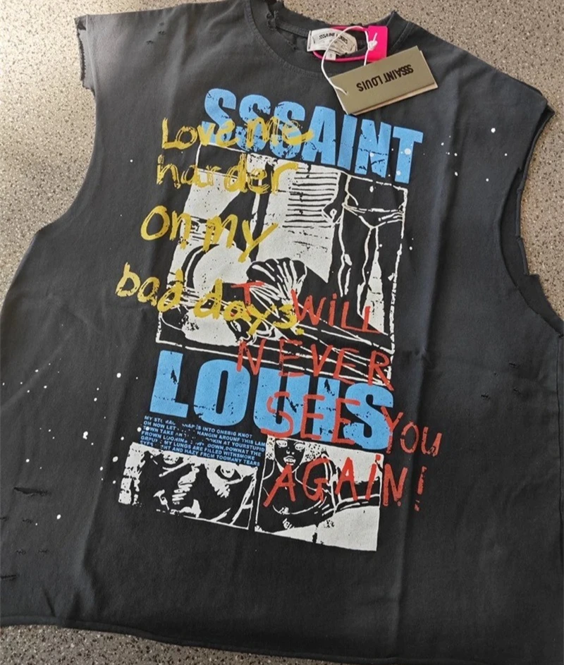 

25ss Saint Michael Graffiti T-Shirt Men Women Casual Pure Cotton Sleeveless SSSAINT LOUIS Black Washed Top Tee T Shirt