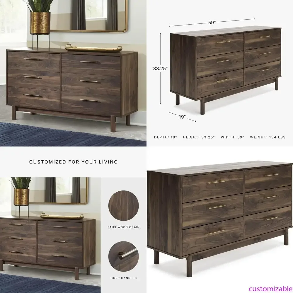 

Ashley Calverson Modern 6-Drawer Dresser in Dark Brown with Burnished Gold Hardware