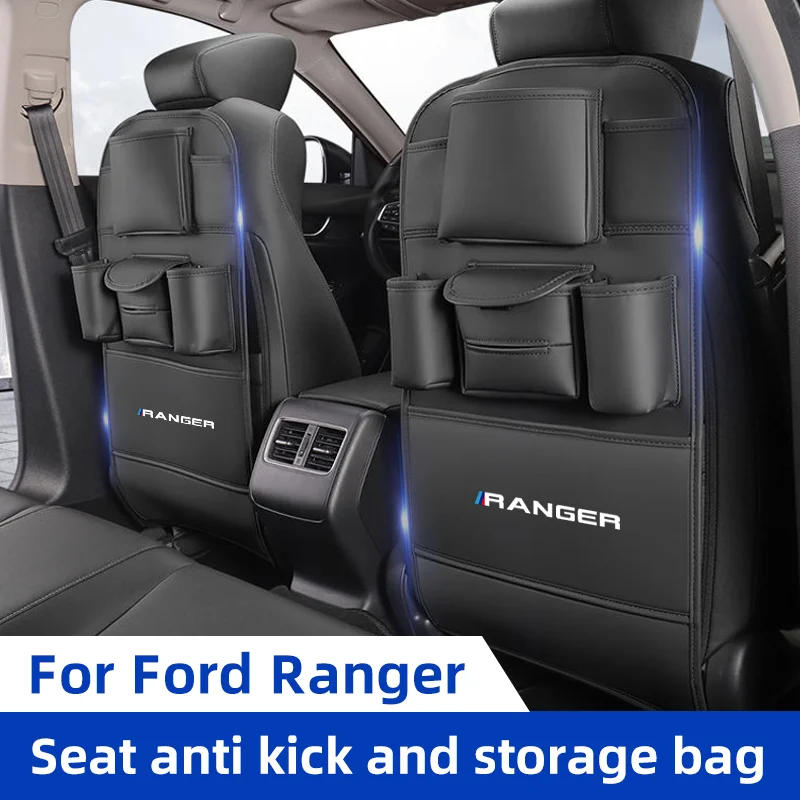 Car Seat Back Organizer for Ford Ranger T9 T6 Raptor Auto Backseat Storage Bag with Hook Tissue Holder Anti Kick Pad Cup Holder