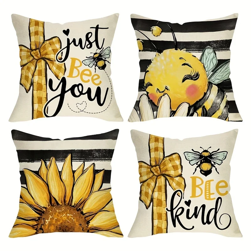 

4pc Spring Summer Cute Bee Sunflower Decorative Throw Pillow Covers 18X18 in Farmhouse Black White Stripe Home Decor