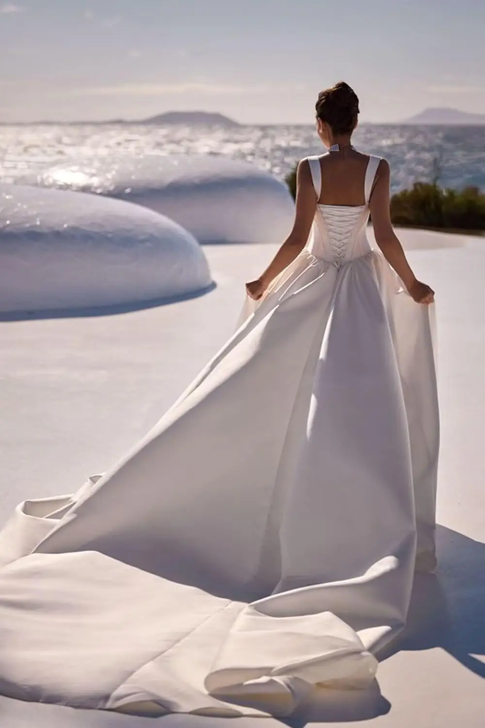 Bride 2025 Women's Spaghetti Strap Satin Wedding Dress A-Line V-Neck Bridal Gown with Train