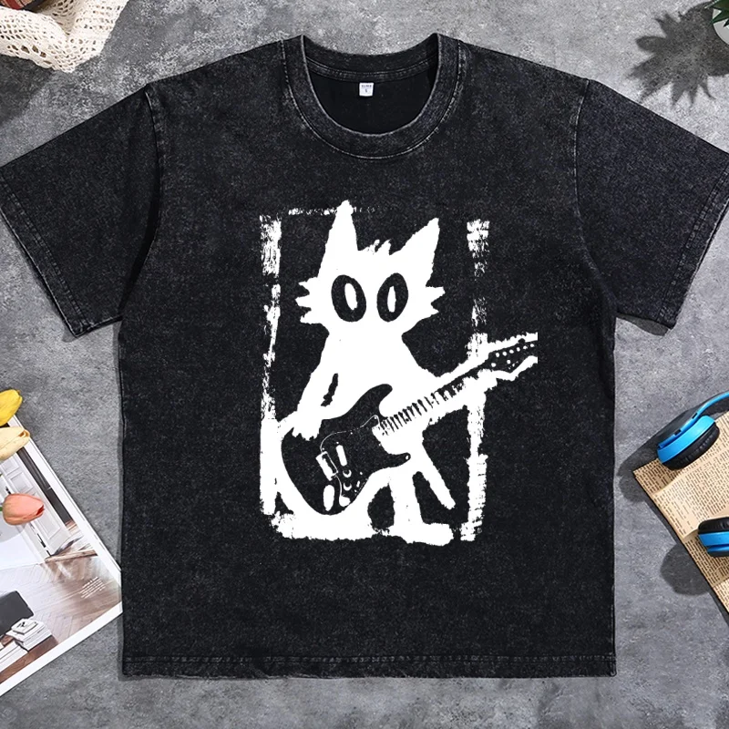 Rockstar-Katzen-T-Shirt Vintage-Washed Kitten Y2K T-Shirt Rock and Roll Katze Gitarren-Kitty-Tee Punk-Musik-Liebhaber-Kleidung Oversized