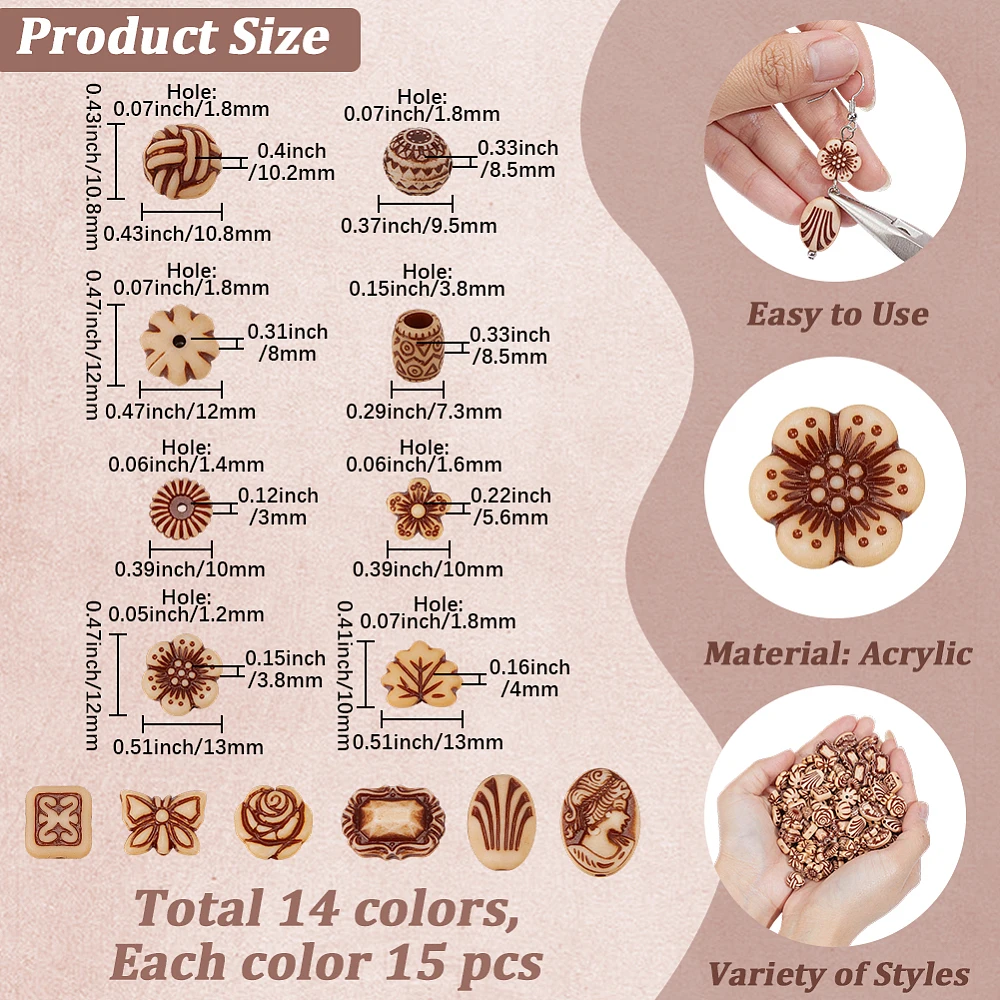 210PCS Vintage Acrylic Beads with Holes Mixed Shape Assorted Opaque Czech Flower Aesthetic Spacer Loose Bead