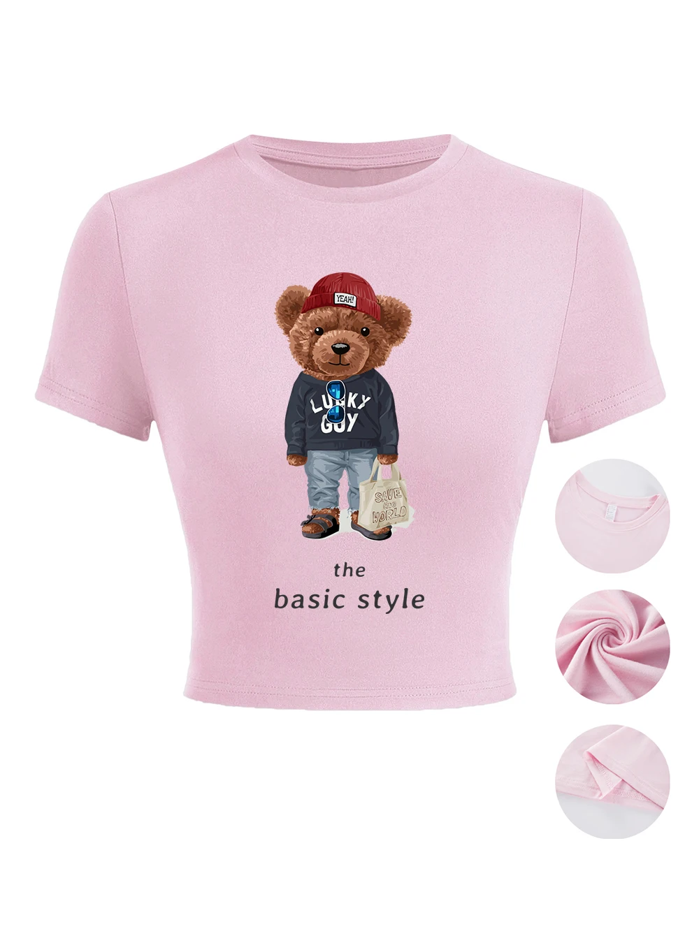 Outfits für Cartoon-Bären-Drucke, Damen-Crop-T-Shirts, Sommer, hochelastisch, weiche Oberteile, schmale Kurzarm-T-Shirts, Basic-O-Ausschnitt-Kleidung