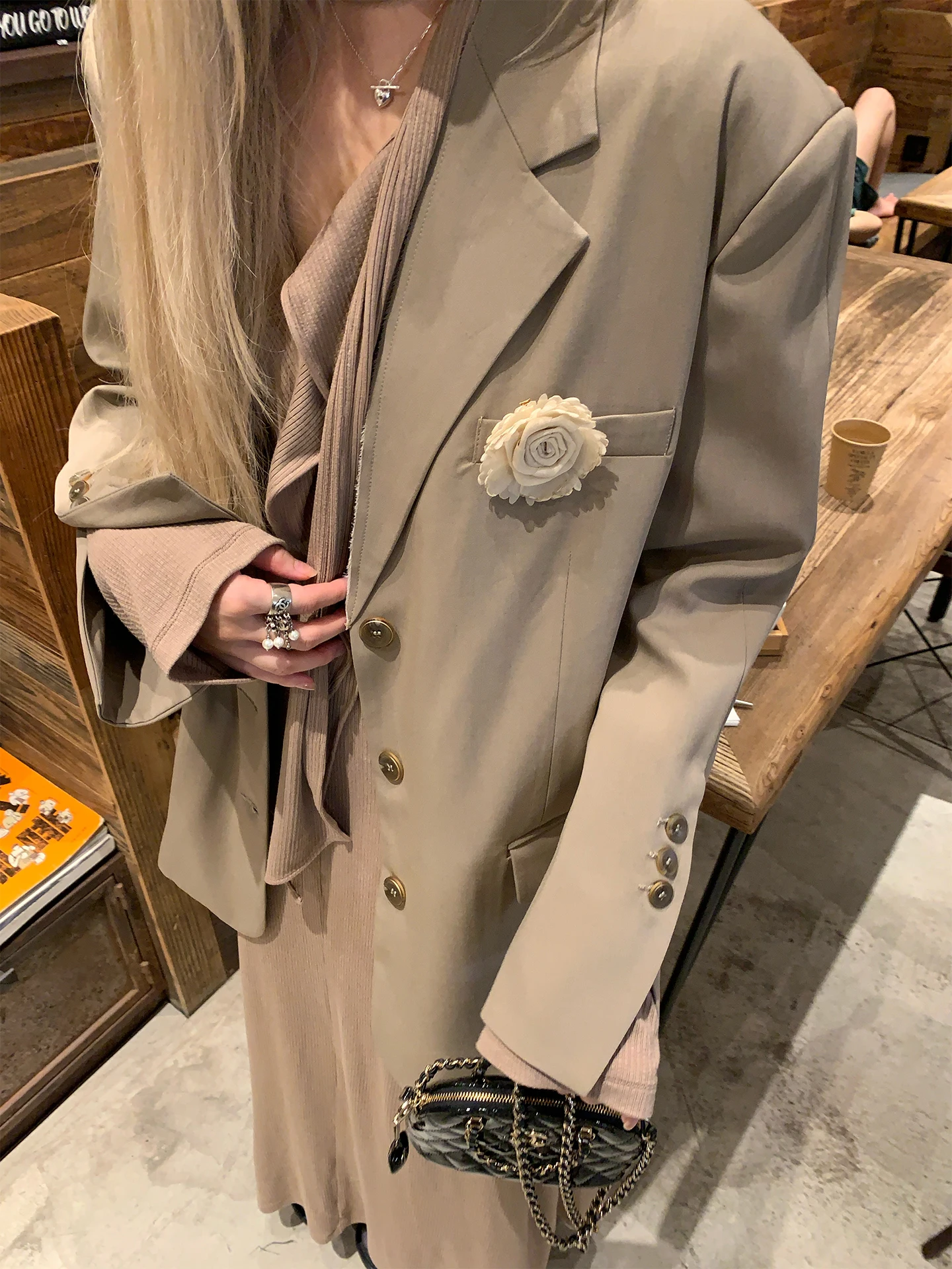 

Casual Woolen Suit Women's Loose Fit Commuter Sle Tee Button Cuff Long Sve Coat Single Slit Design Autumn Faion
