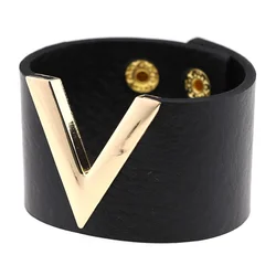 2024 80s Black Wide V Shape PU Leather Bracelets Cuff Punk For Women Men Metal Wristbands Cosplay Jewelry